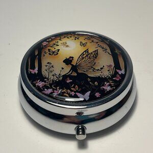 Round Metal Pill Box Easy Open Fairy Butterflies Sunrise Forest 2" x3/4" New